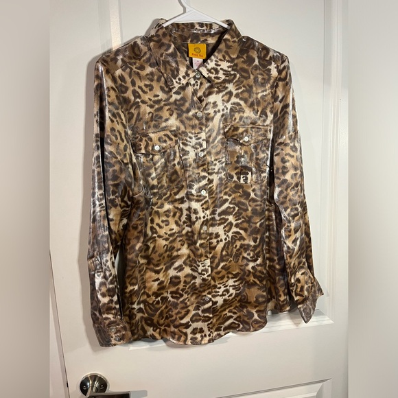 Ruby Rd. Womens Brown Leopard Print Roll Tab Sleeves Button Front Shirt Size 12 - Picture 5 of 10